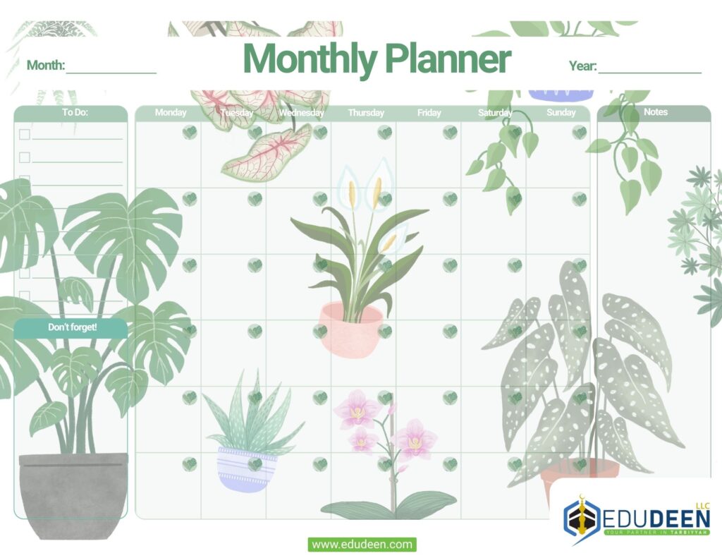Botanical Themed Blank Monthly Planner Calendar Template