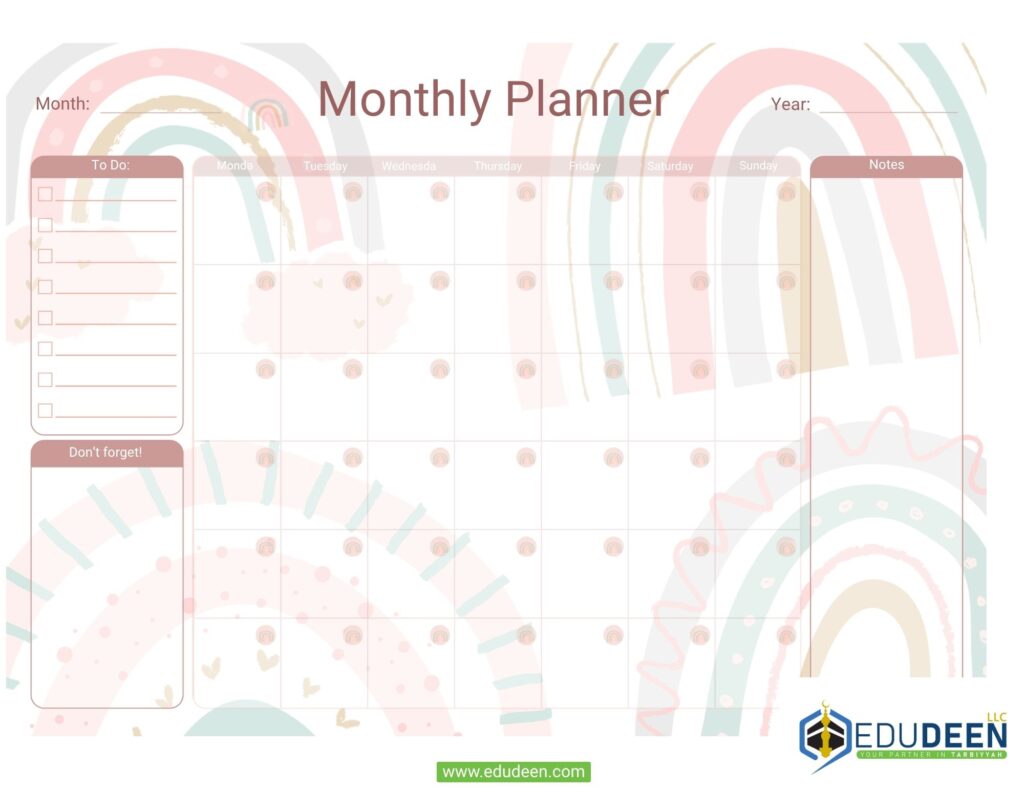 Muted Rainbow Themed Blank Monthly Planner Calendar